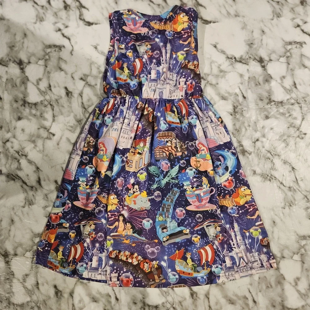 Girls Purple Boutique Milk Silk Dress Size 5/6  Amusement Park Character Print‎